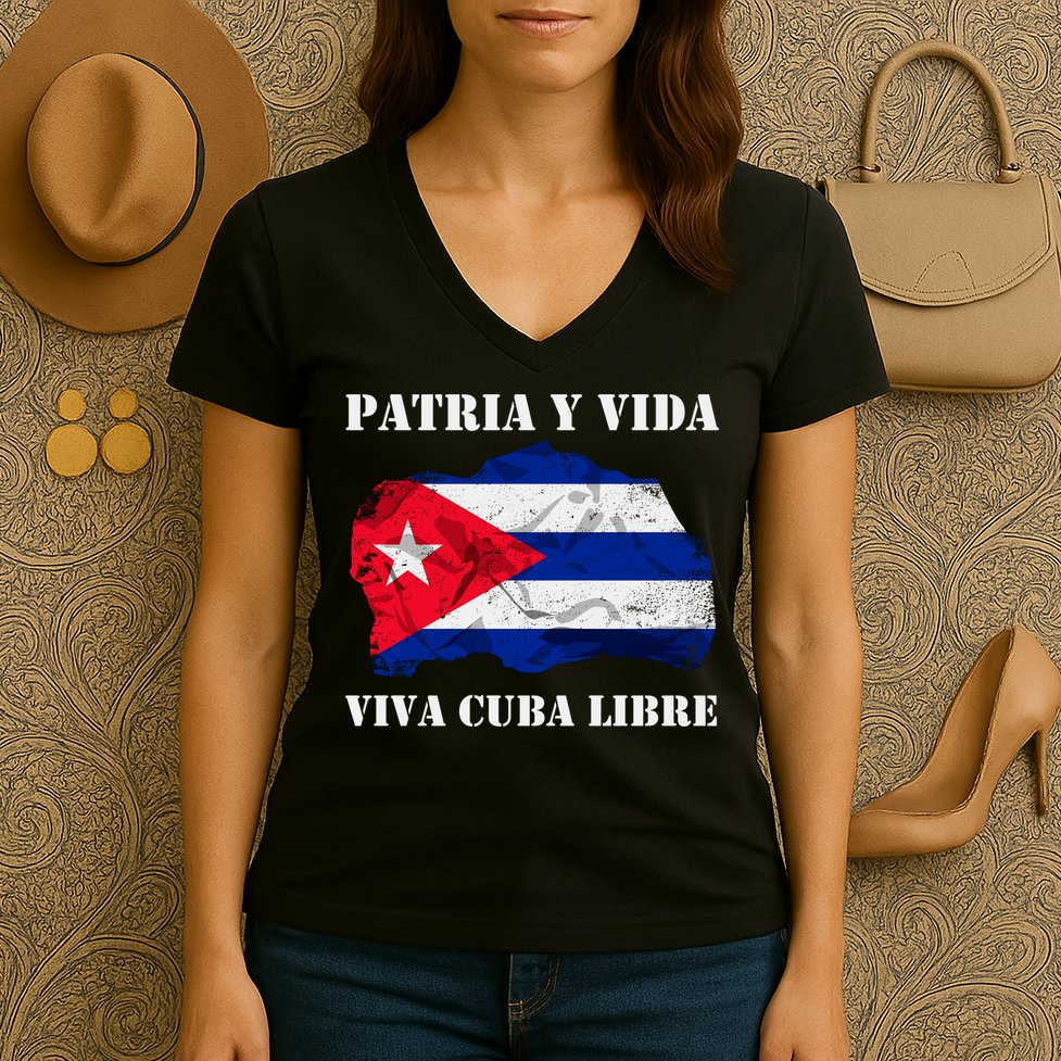 Patria Y Vida Viva Cuba Libre Distressed Cuban Flag Women's V-Neck T-Shirt