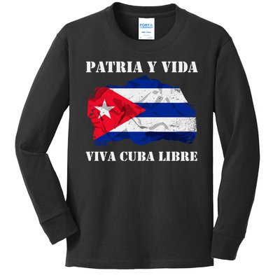 Patria Y Vida Viva Cuba Libre Distressed Cuban Flag Kids Long Sleeve Shirt