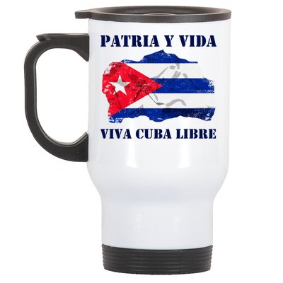 Patria Y Vida Viva Cuba Libre Distressed Cuban Flag Stainless Steel Travel Mug