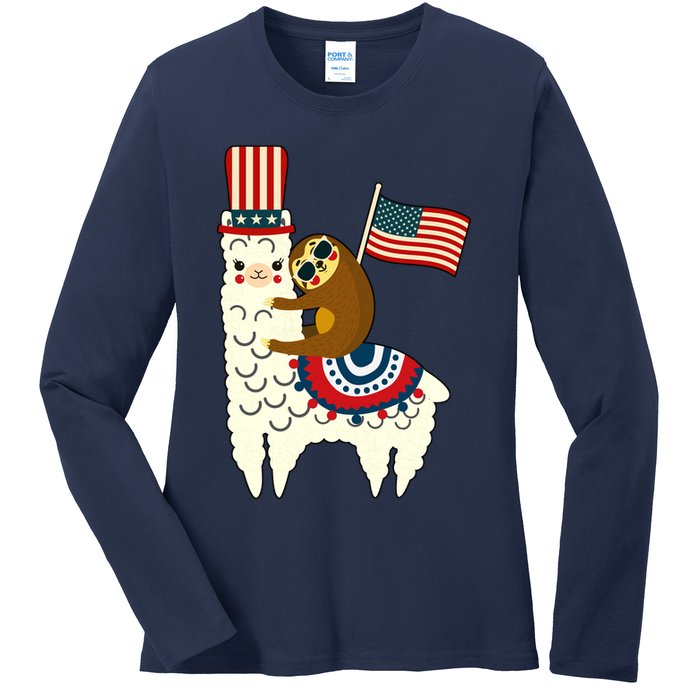 Patriot Sloth Llama Ladies Long Sleeve Shirt