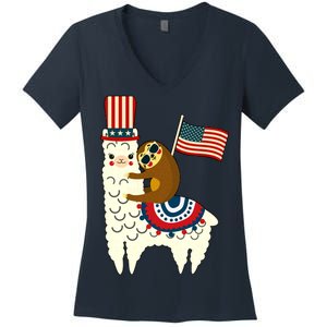 Patriot Sloth Llama Women's V-Neck T-Shirt