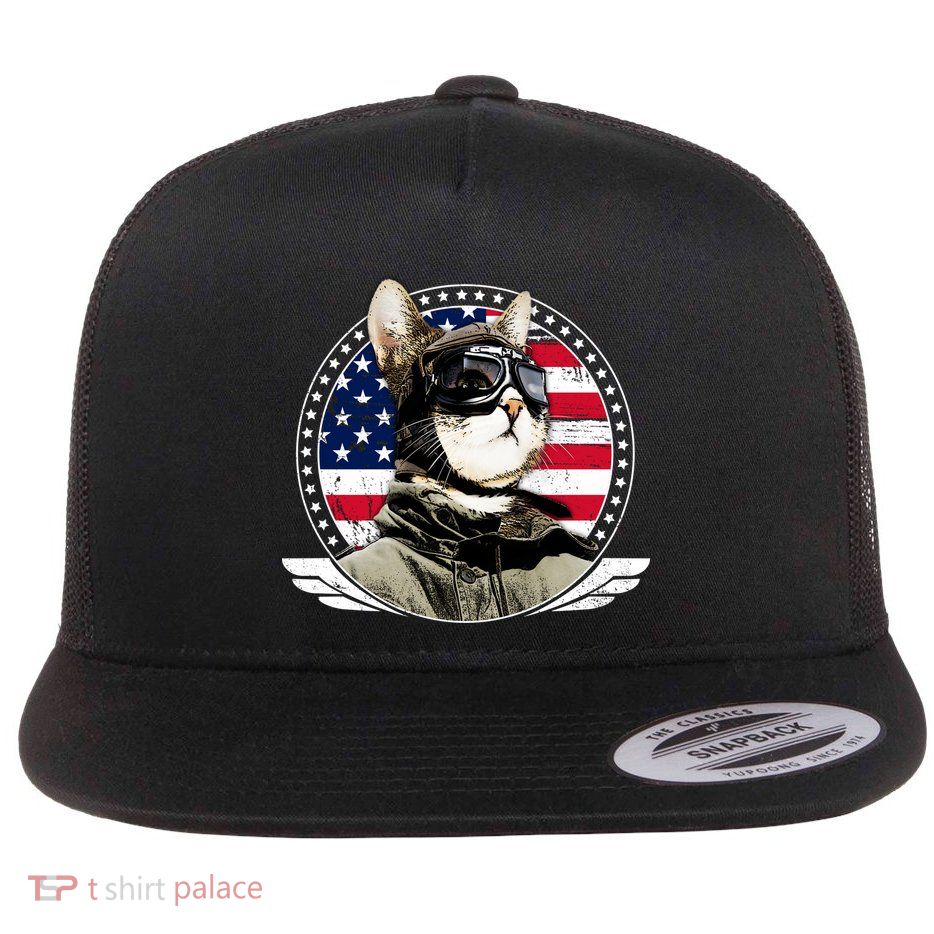 Patriotic American Cat Pilot Flat Bill Trucker Hat