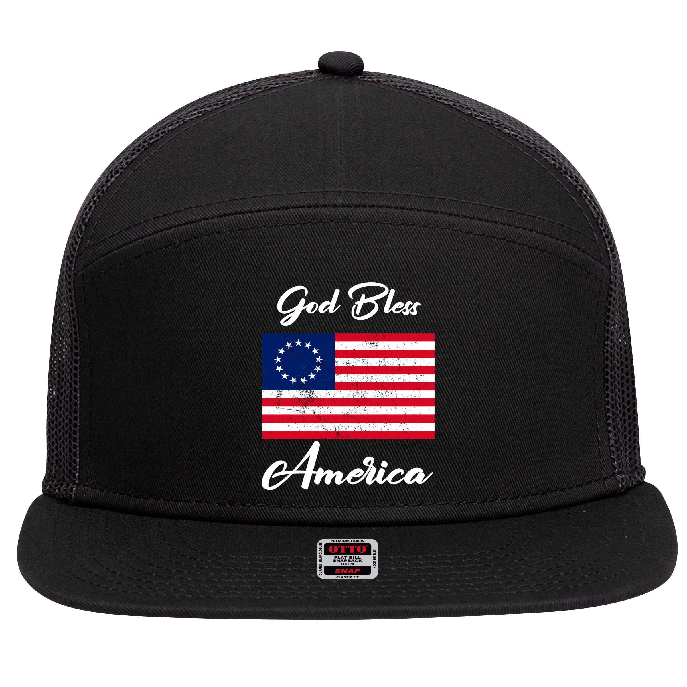 Patriotic Betsy Ross Flag God Bless America 7 Panel Mesh Trucker Snapback Hat