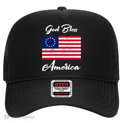 Patriotic Betsy Ross Flag God Bless America High Crown Mesh Back Trucker Hat