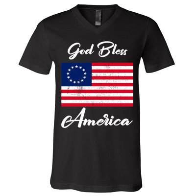 Patriotic Betsy Ross Flag God Bless America V-Neck T-Shirt