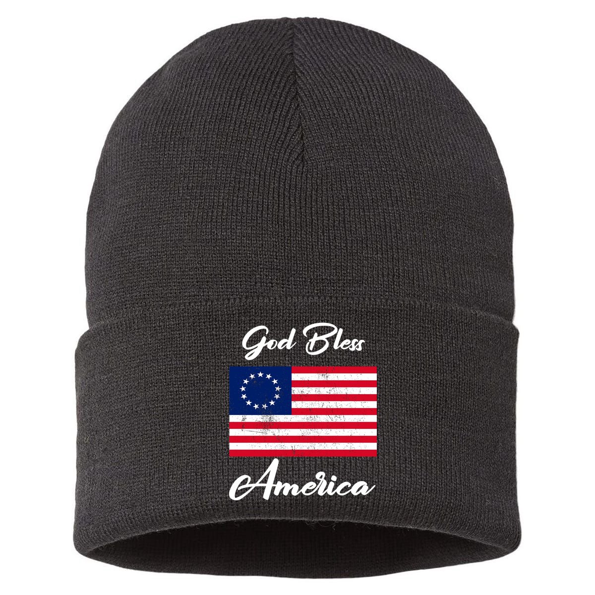 Patriotic Betsy Ross Flag God Bless America Sustainable Knit Beanie