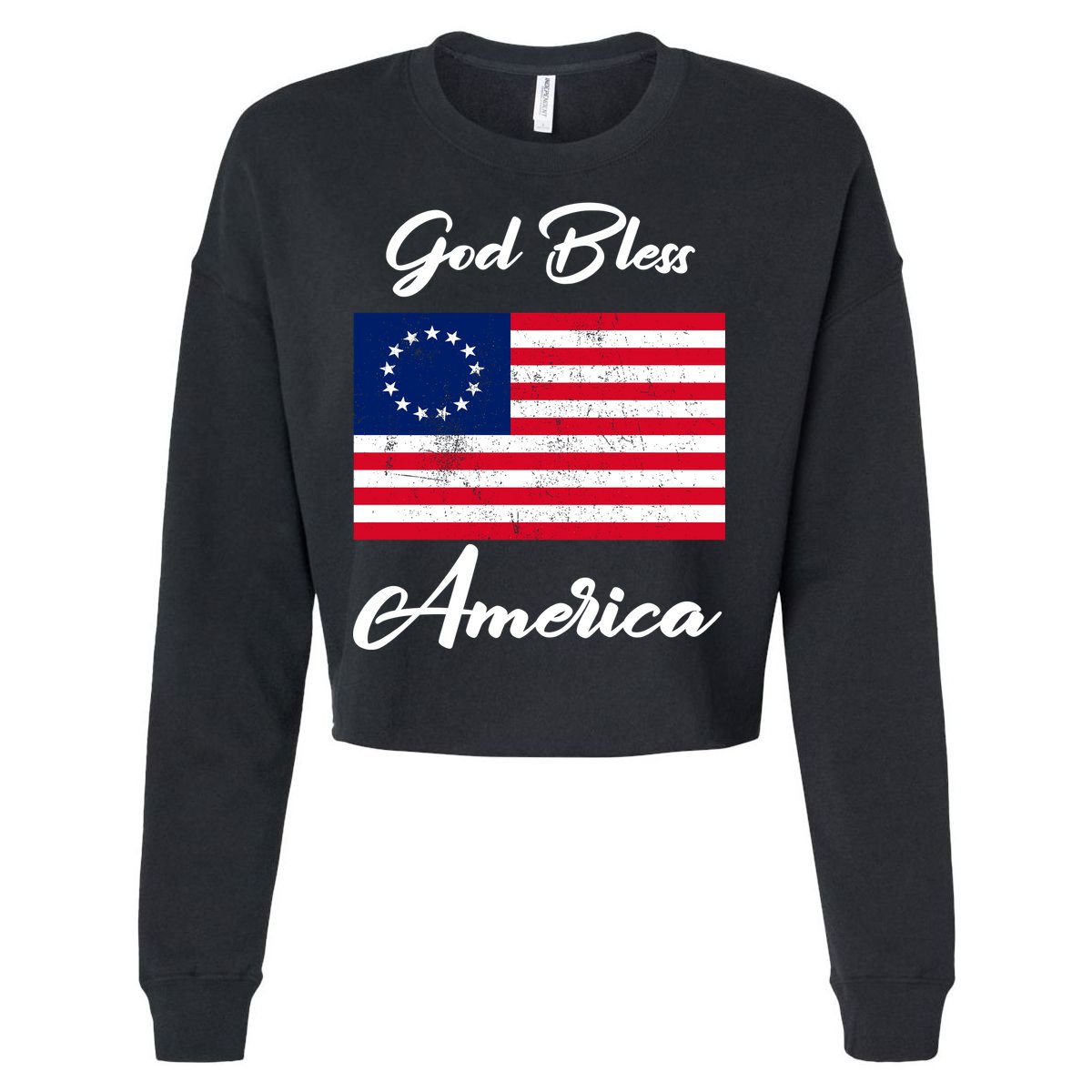 Patriotic Betsy Ross Flag God Bless America Cropped Pullover Crew