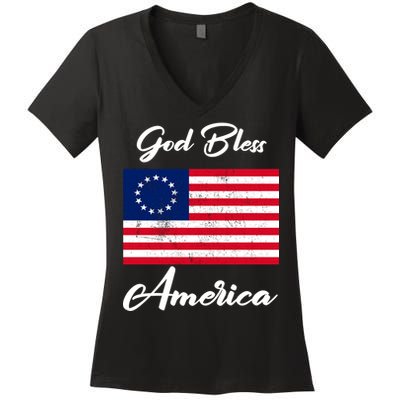 Patriotic Betsy Ross Flag God Bless America Women's V-Neck T-Shirt