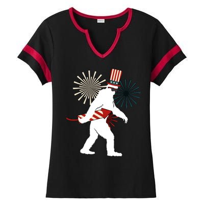 Patriotic Bigfoot Fireworks 4th of July Ladies Halftime Notch Neck Tee