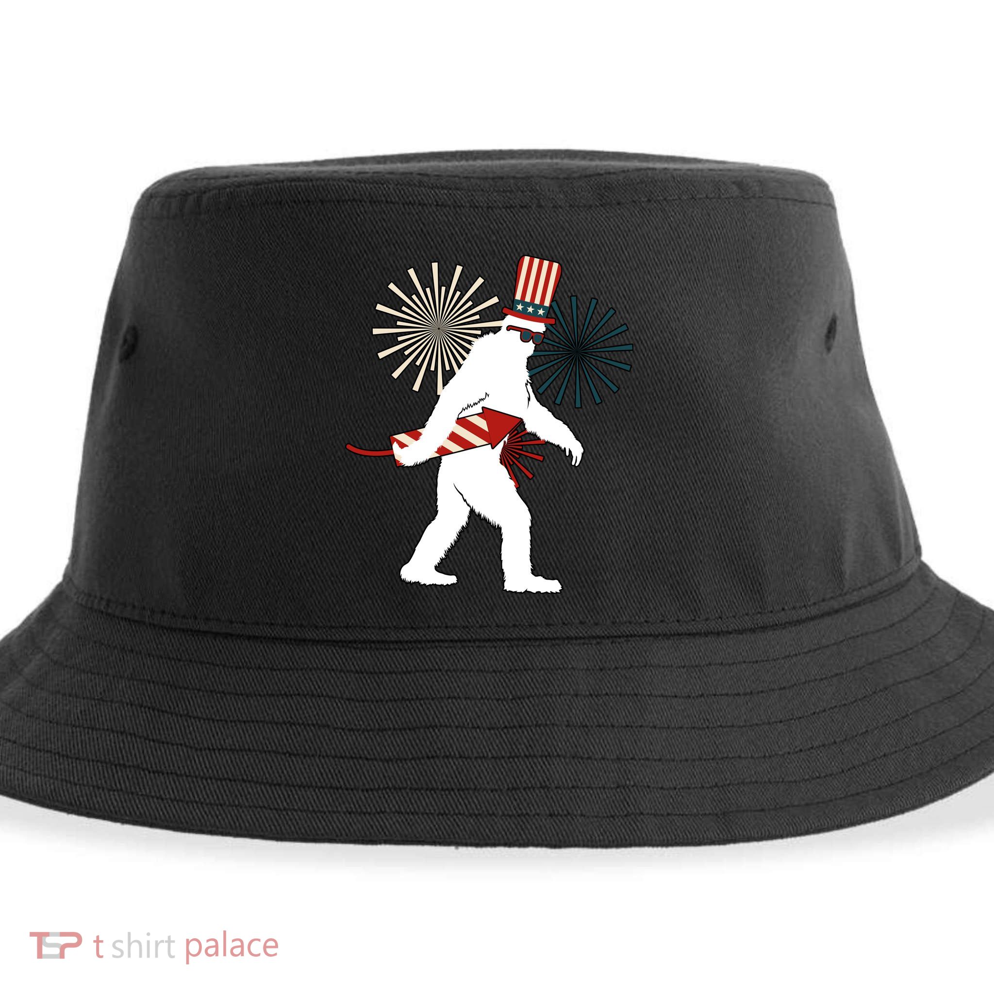 Patriotic Bigfoot Fireworks 4th of July Sustainable Bucket Hat