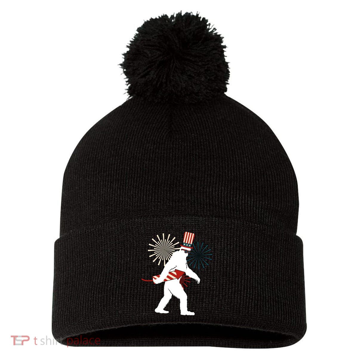 Patriotic Bigfoot Fireworks 4th of July Pom Pom 12in Knit Beanie