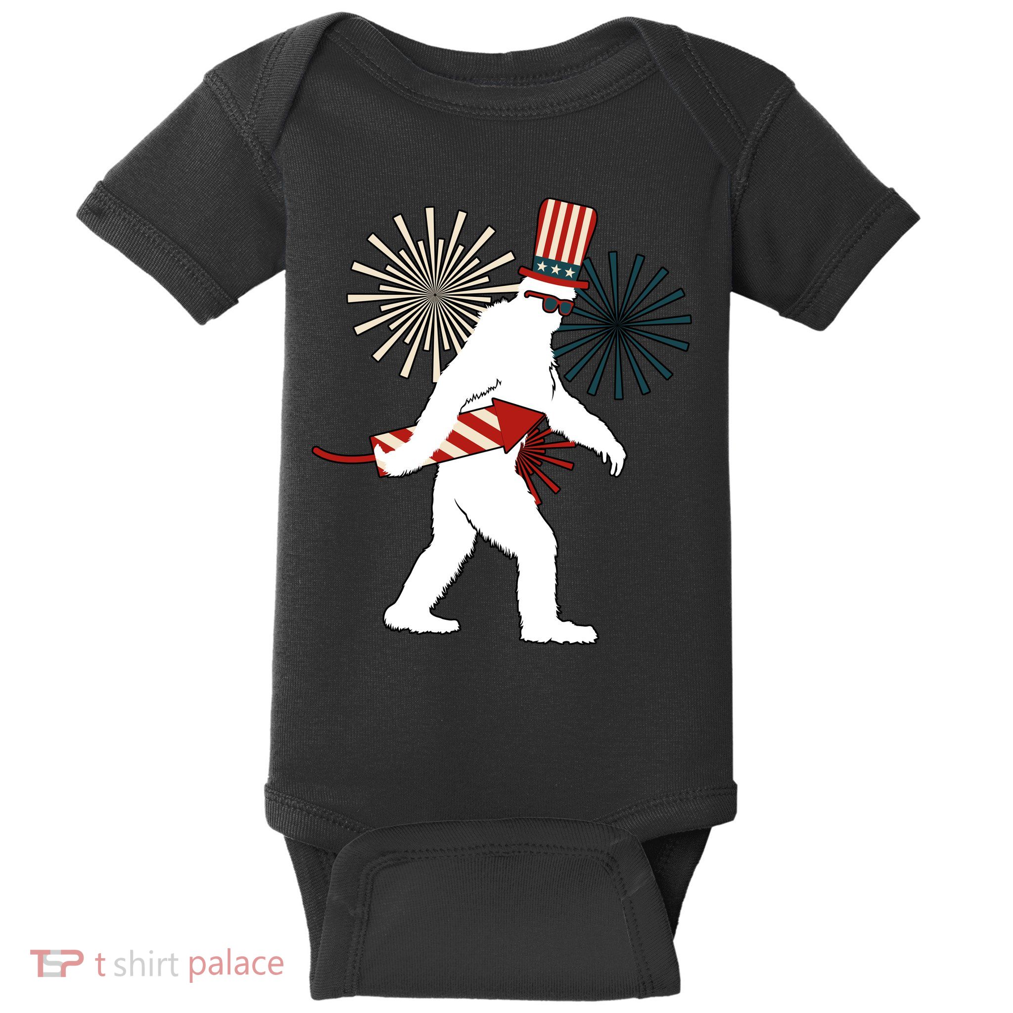 Patriotic Bigfoot Fireworks 4th of July Baby Bodysuit