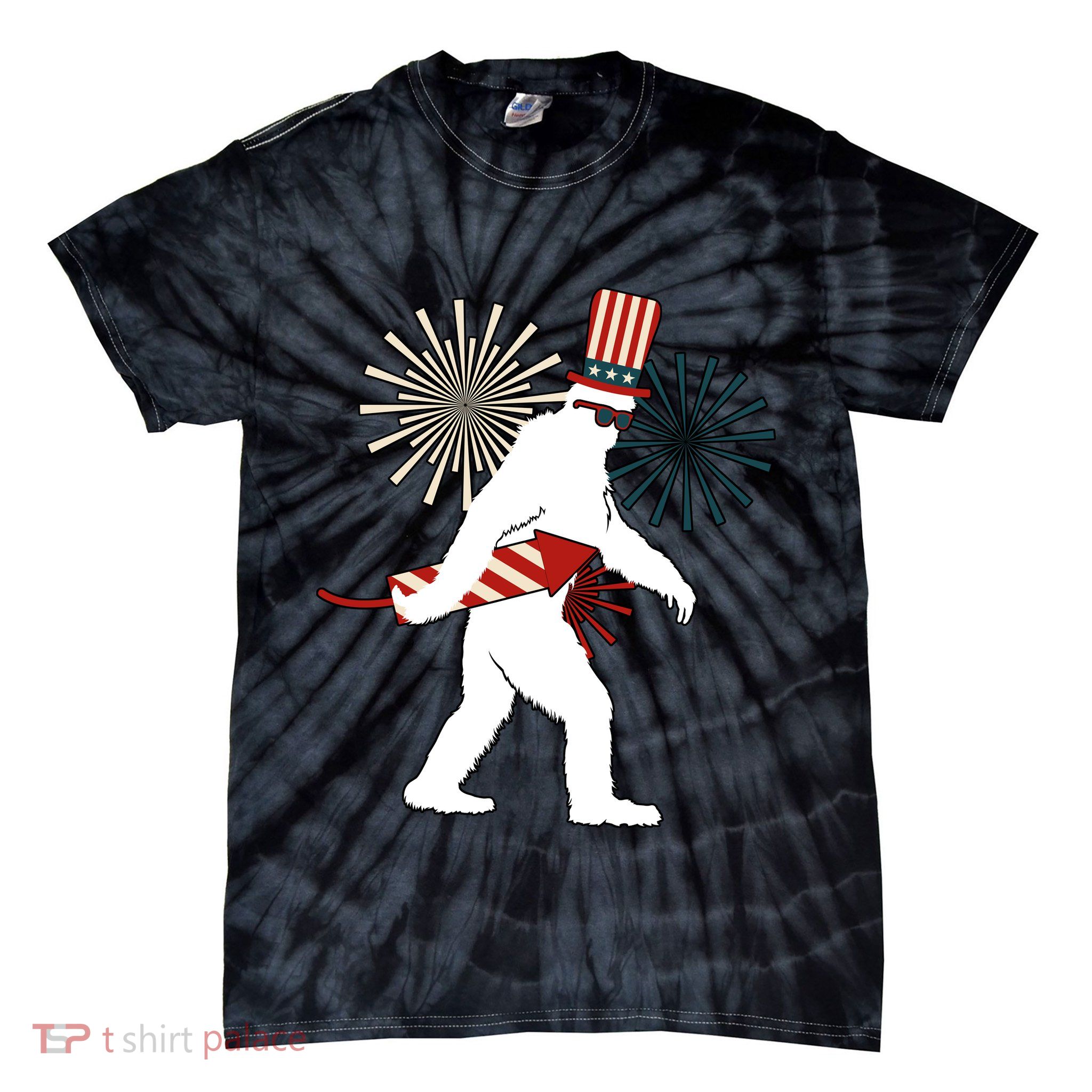Patriotic Bigfoot Fireworks 4th of July Tie-Dye T-Shirt