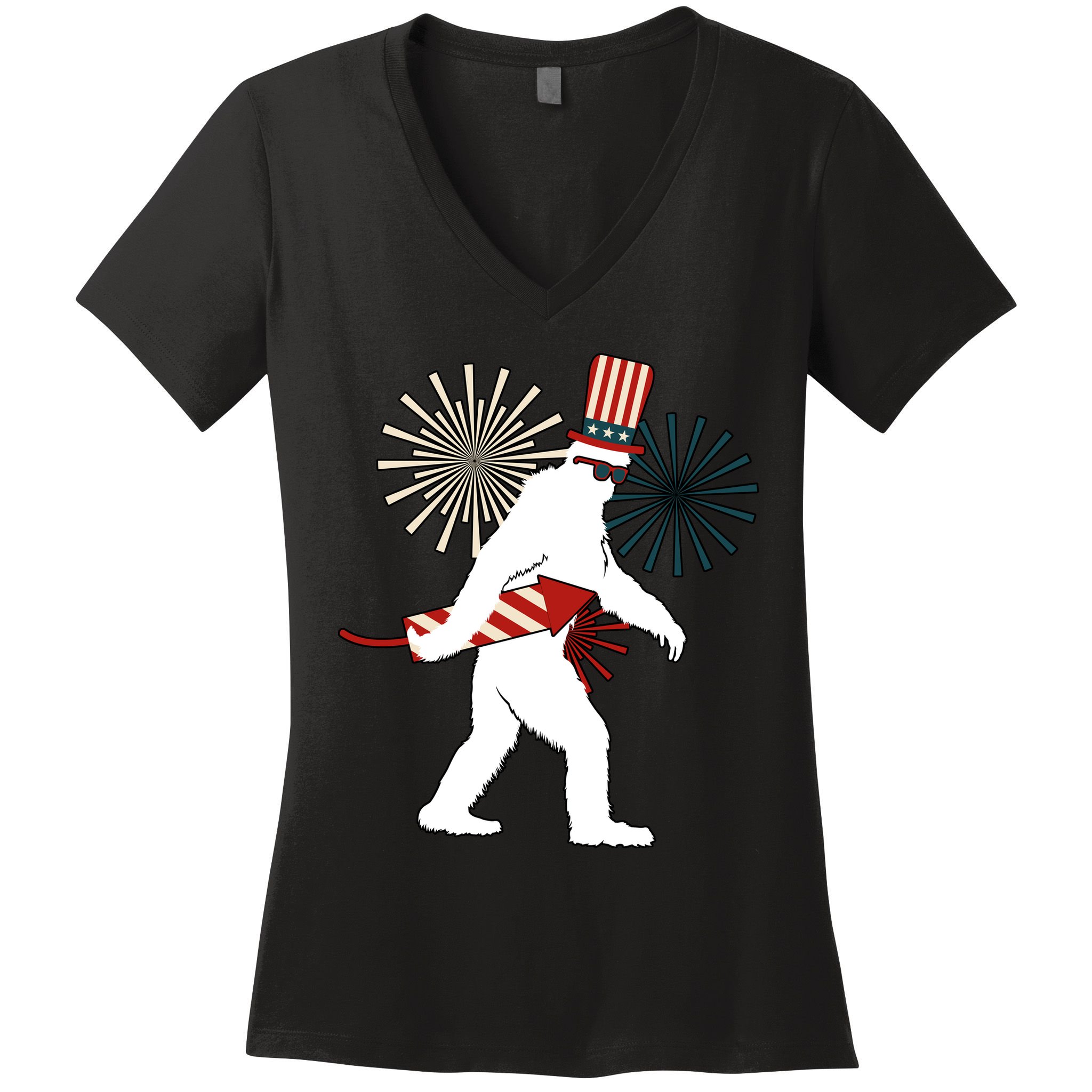 Patriotic Bigfoot Fireworks 4th of July Women's V-Neck T-Shirt