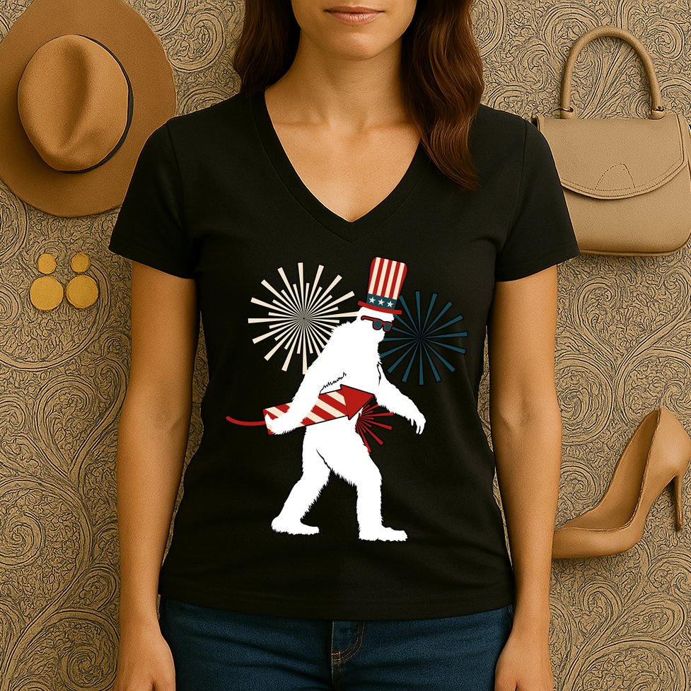 Patriotic Bigfoot Fireworks 4th of July Women's V-Neck T-Shirt