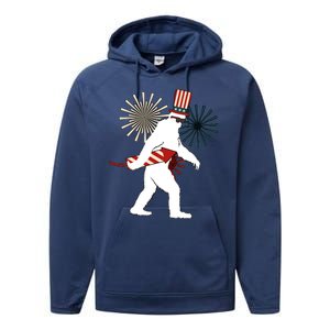 Patriotic Bigfoot Fireworks 4th of July Performance Fleece Hoodie