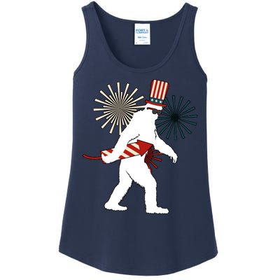 Patriotic Bigfoot Fireworks 4th of July Ladies Essential Tank