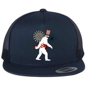 Patriotic Bigfoot Fireworks 4th of July Flat Bill Trucker Hat