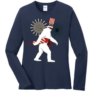 Patriotic Bigfoot Fireworks 4th of July Ladies Long Sleeve Shirt