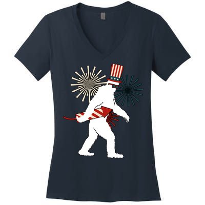 Patriotic Bigfoot Fireworks 4th of July Women's V-Neck T-Shirt