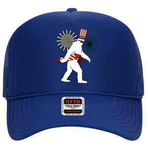 Patriotic Bigfoot Fireworks 4th of July High Crown Mesh Back Trucker Hat