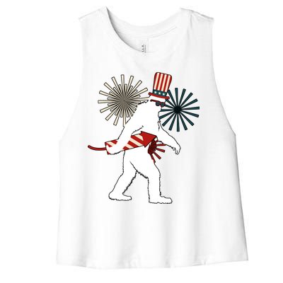 Patriotic Bigfoot Fireworks 4th of July Women's Racerback Cropped Tank