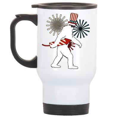 Patriotic Bigfoot Fireworks 4th of July Stainless Steel Travel Mug