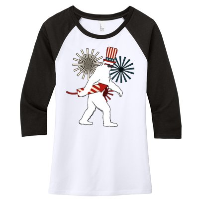 Patriotic Bigfoot Fireworks 4th of July Women's Tri-Blend 3/4-Sleeve Raglan Shirt