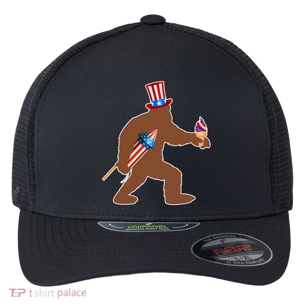 Patriotic Bigfoot Fireworks USA Flexfit Unipanel Trucker Cap