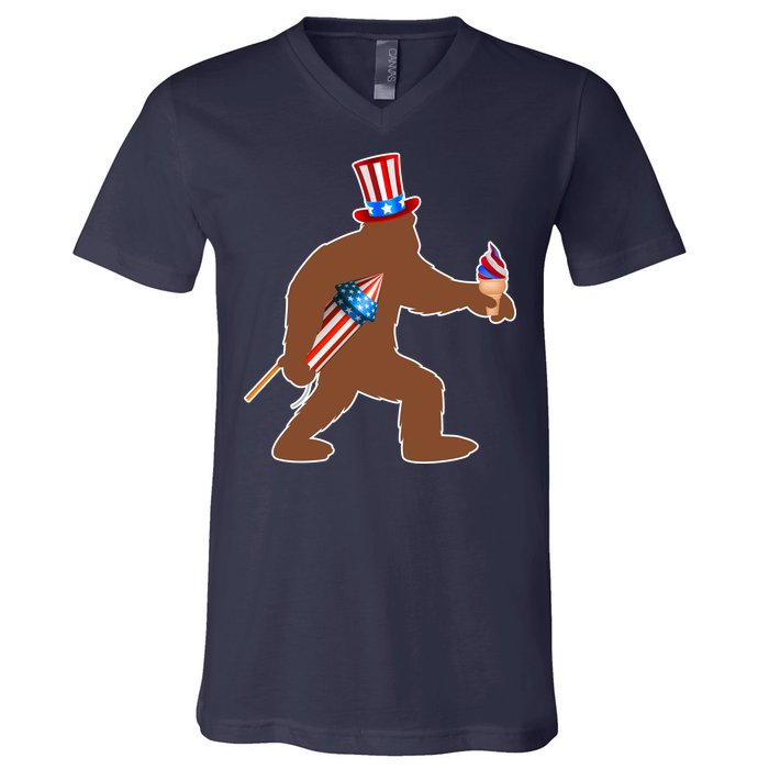 Patriotic Bigfoot Fireworks USA V-Neck T-Shirt