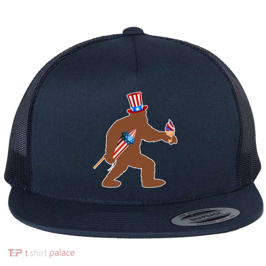 Patriotic Bigfoot Fireworks USA Flat Bill Trucker Hat
