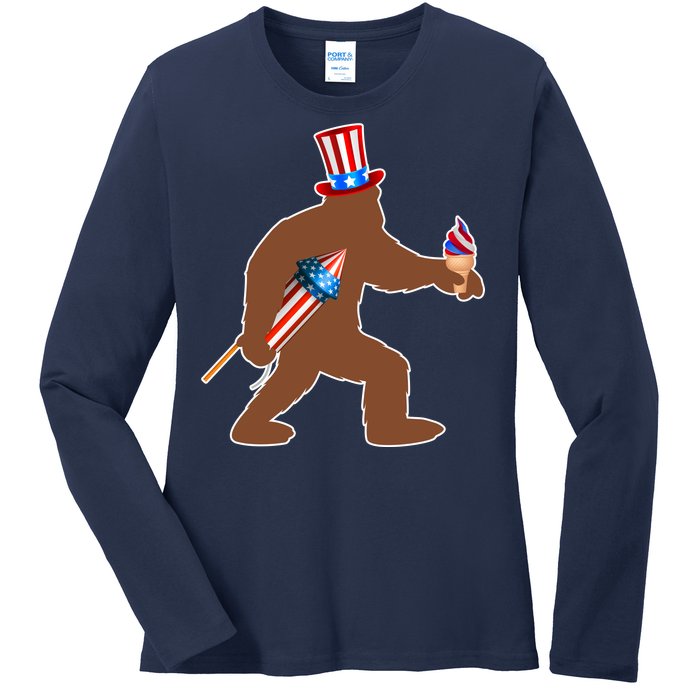 Patriotic Bigfoot Fireworks USA Ladies Long Sleeve Shirt