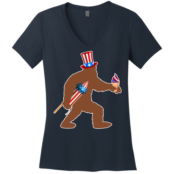 Patriotic Bigfoot Fireworks USA Women's V-Neck T-Shirt