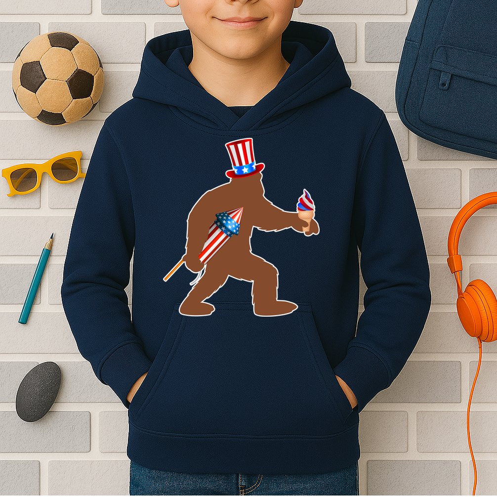 Patriotic Bigfoot Fireworks USA Kids Hoodie