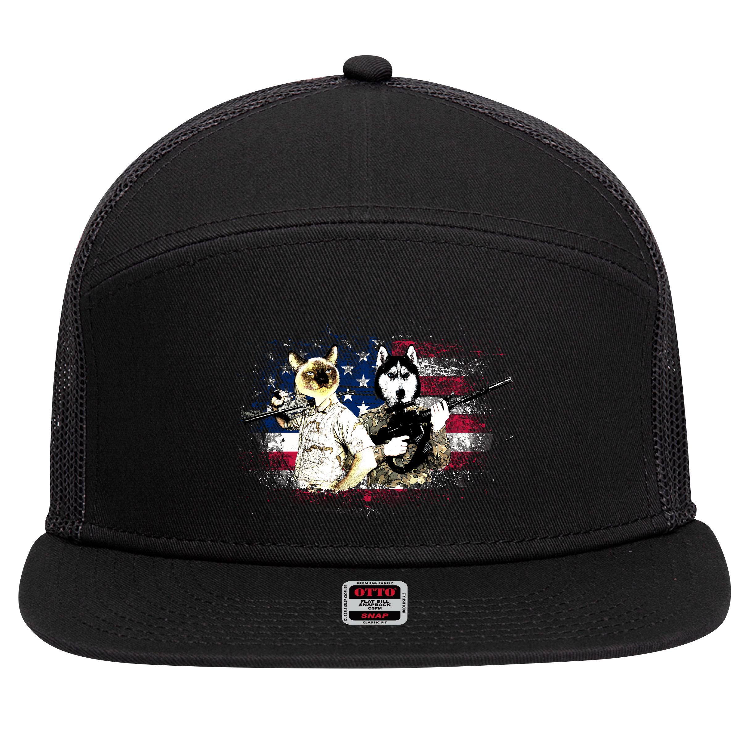 Patriotic Cat And Wolf Troops 7 Panel Mesh Trucker Snapback Hat