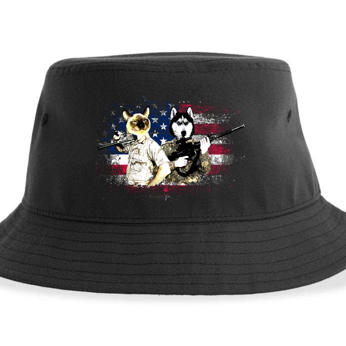 Patriotic Cat And Wolf Troops Sustainable Bucket Hat