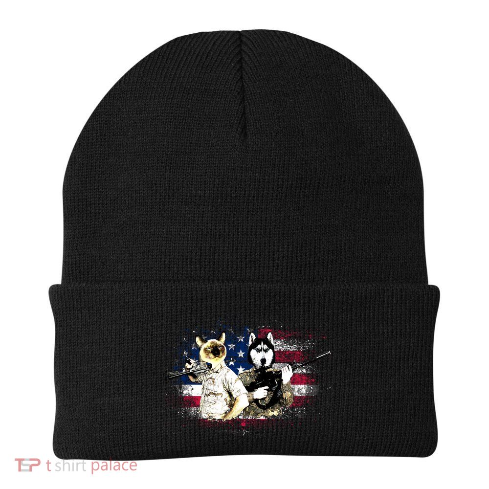 Patriotic Cat And Wolf Troops Knit Cap Winter Beanie
