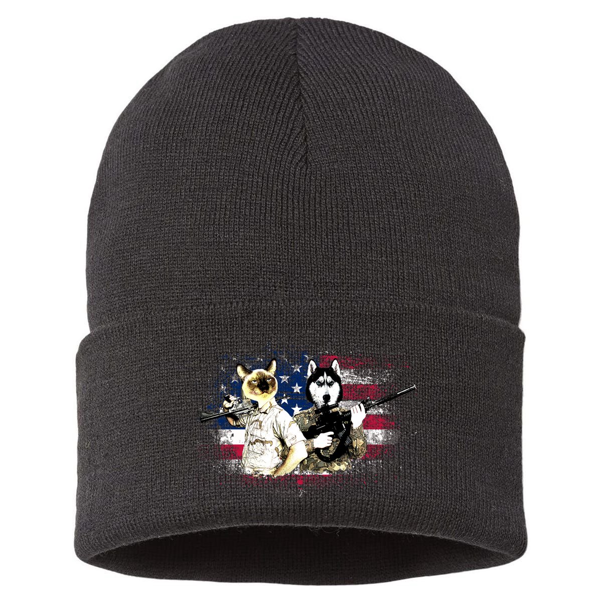 Patriotic Cat And Wolf Troops Sustainable Knit Beanie