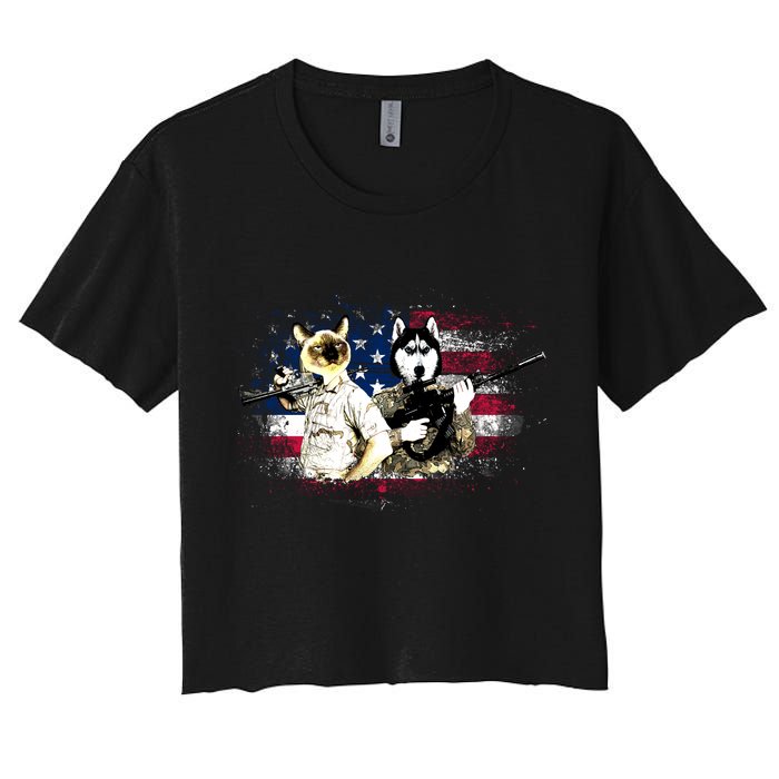 Patriotic Cat And Wolf Troops Women's Crop Top Tee