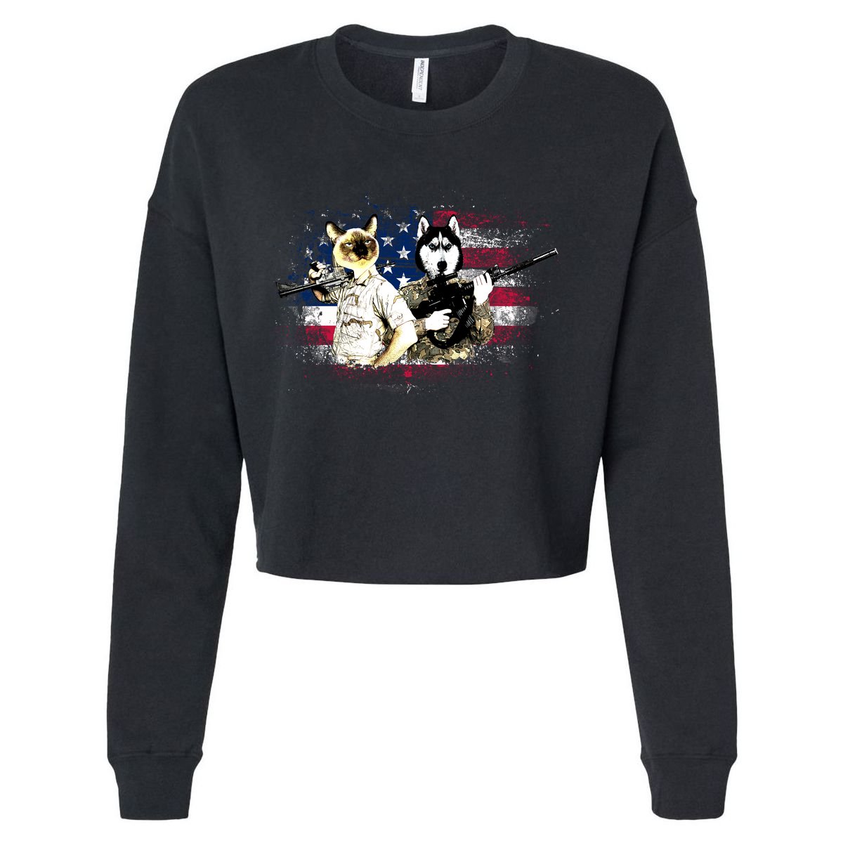Patriotic Cat And Wolf Troops Cropped Pullover Crew