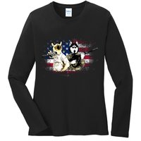 Patriotic Cat And Wolf Troops Ladies Long Sleeve Shirt