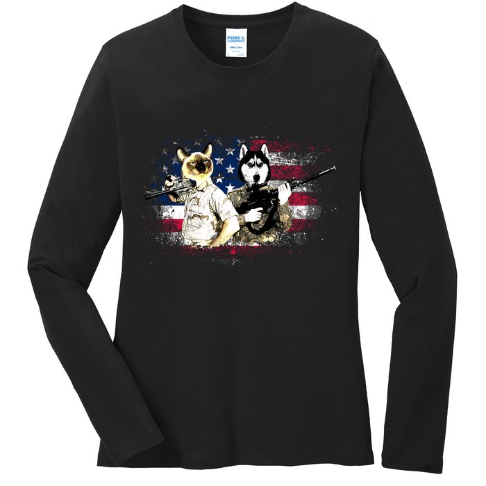 Patriotic Cat And Wolf Troops Ladies Long Sleeve Shirt