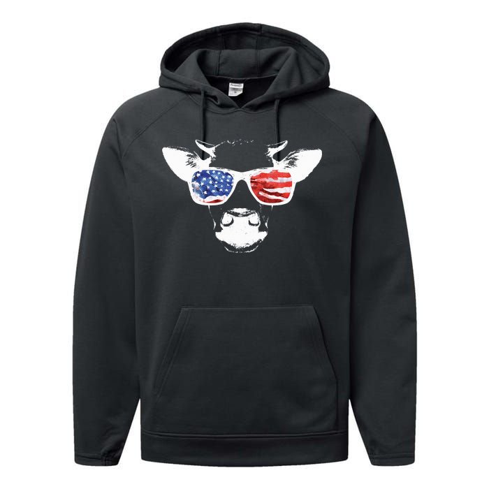 Patriotic Cow USA Flag Sunglasses Performance Fleece Hoodie