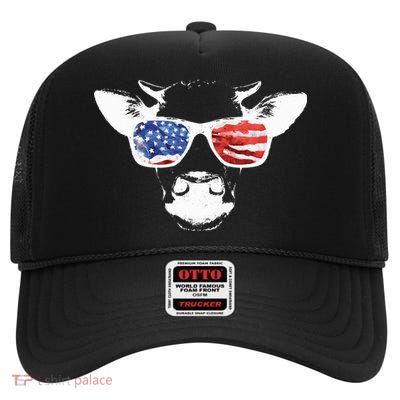 Patriotic Cow USA Flag Sunglasses High Crown Mesh Back Trucker Hat