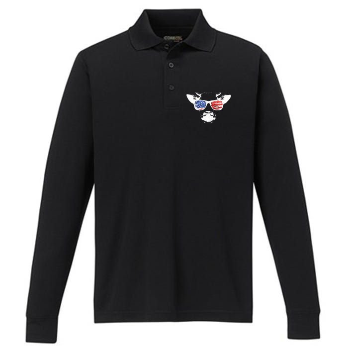 Patriotic Cow USA Flag Sunglasses Performance Long Sleeve Polo