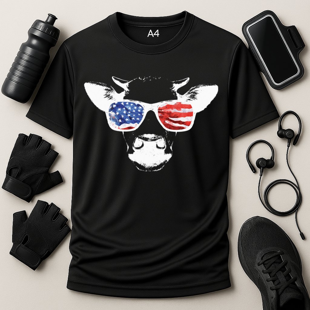 Patriotic Cow USA Flag Sunglasses Cooling Performance Crew T-Shirt