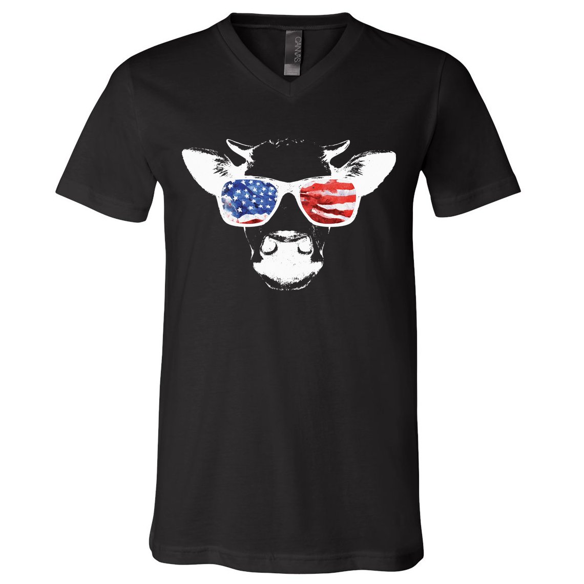 Patriotic Cow USA Flag Sunglasses V-Neck T-Shirt