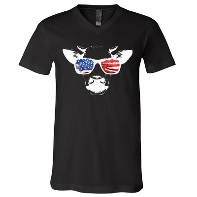 Patriotic Cow USA Flag Sunglasses V-Neck T-Shirt