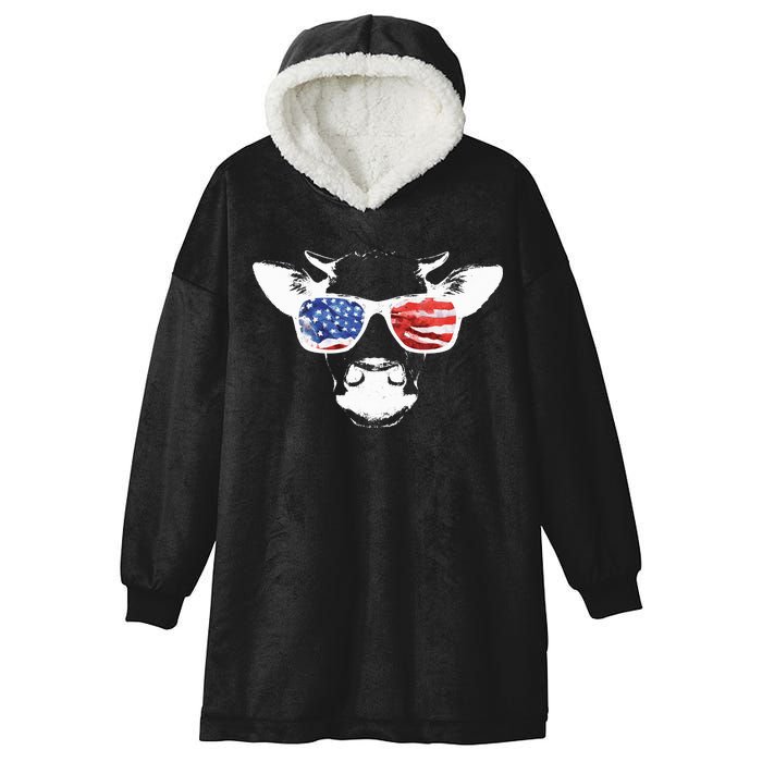 Patriotic Cow USA Flag Sunglasses Hooded Wearable Blanket