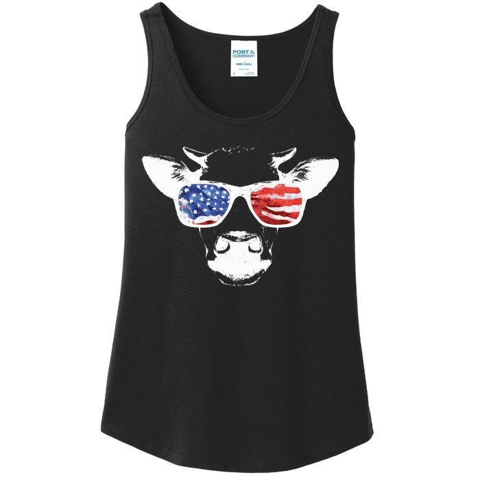 Patriotic Cow USA Flag Sunglasses Ladies Essential Tank